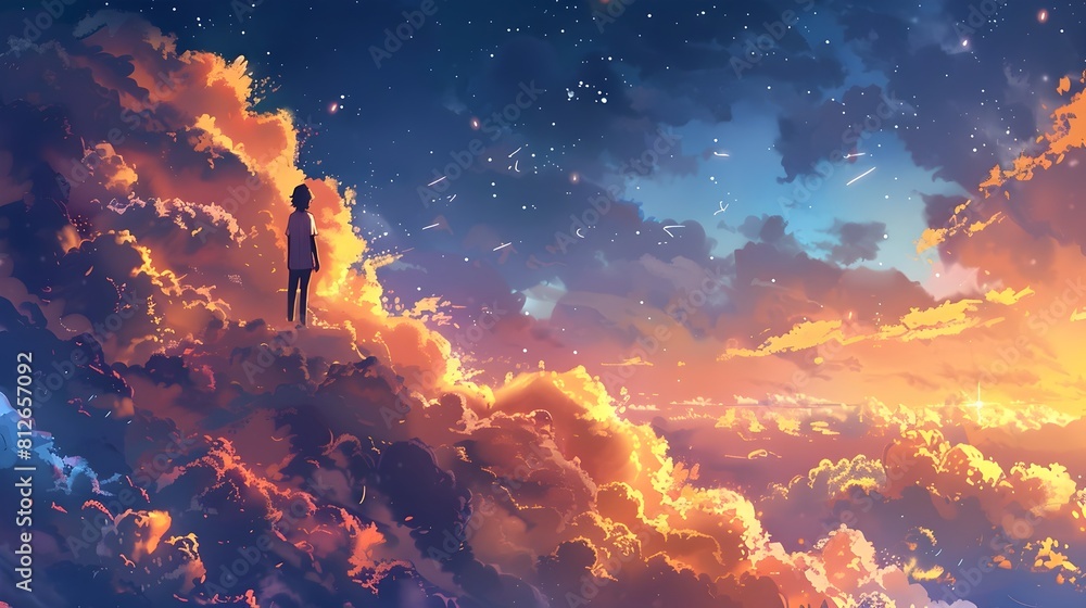 Silhouetted Adventurer Amid Dramatic Sunset Clouds in Captivating Otherworldly Landscape Silhouetted Adventurer Amid Dramatic Sunset Clouds in Captivating Otherworldly Landscape
