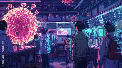 A group of people are in a room with a large pink virus on the wall photo