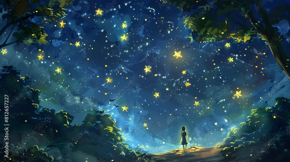 Solitary Figure Gazing at the Enchanting Starry Nightscape in a Mystical Forest