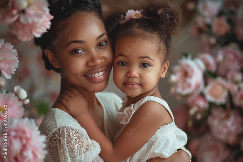 A charming portrait of a smiling mother and her daughter surrounded by flowers, showcasing their bond A charming portrait of a smiling mother and her daughter surrounded by flowers, showcasing their bond