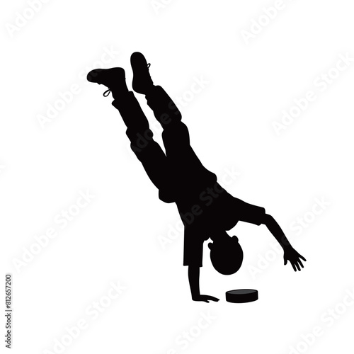 A kid does a cartwheel black vector silhouettes isolated