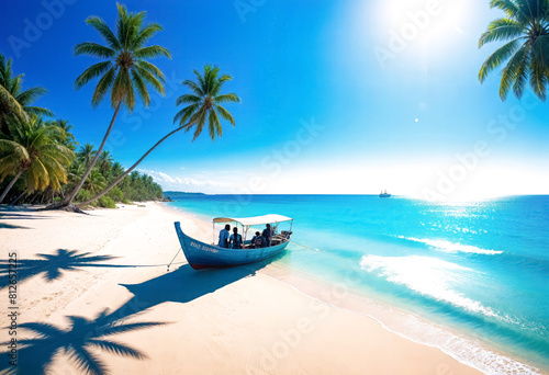 A tropical beach with palm trees with a small boat on the shore  and a clear blue sky with a bright sun