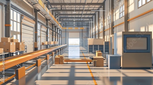 Spacious and Efficient Modern Warehouse Interior with Organized Shelves and Cargo Handling Equipment for Optimized Logistics and Distribution © Rudsaphon