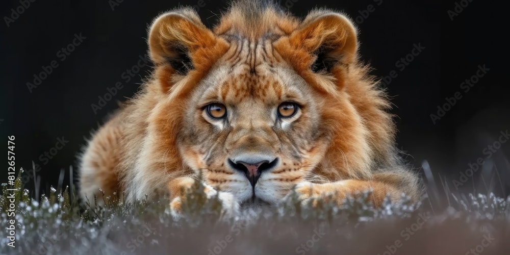 A lion resting in grass in close-up view A lion resting in grass in close-up view