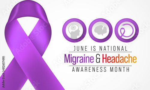 Migraine and headache awareness month is observed every year in June. it is usually a moderate or severe headache felt as a throbbing pain on one side of the head. Vector illustration
