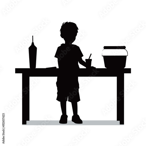 A kid has a lemonade stand black vector silhouettes isolated