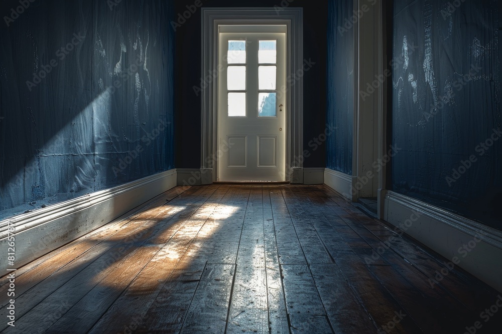 An empty room with sunbeams shining through the window onto hardwood floors, creating a dramatic atmosphere An empty room with sunbeams shining through the window onto hardwood floors, creating a dramatic atmosphere