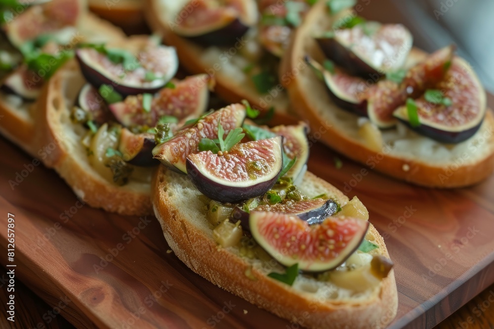 Elegant fig and cheese crostini appetizers, garnished with herbs on a rustic wooden serving tray Elegant fig and cheese crostini appetizers, garnished with herbs on a rustic wooden serving tray