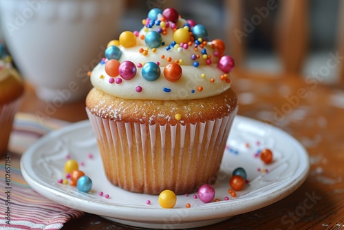 Single cupcake with a rich topping of colorful sprinkles, presented on a white plate with a striped napkin