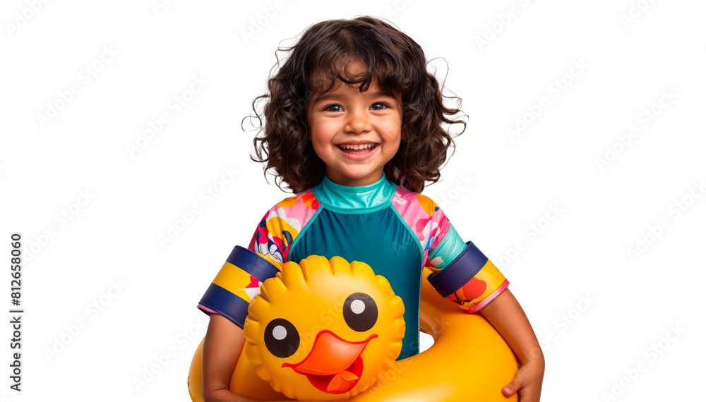 Joyful young girl with curly hair in a colorful swimsuit and arm floats, holding a yellow duck ring. Ideal for summer, vacation, and children's retail. PNG, transparent background. Joyful young girl with curly hair in a colorful swimsuit and arm floats, holding a yellow duck ring. Ideal for summer, vacation, and children's retail. PNG, transparent background.
