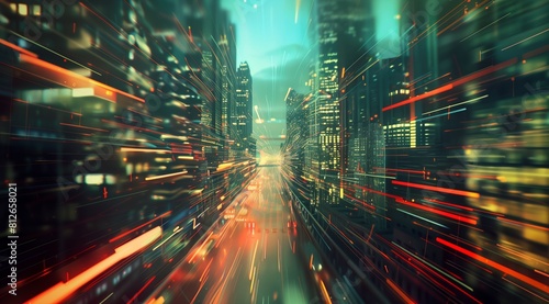 Futuristic cityscape with sleek tech, light streaks, and speed effect.