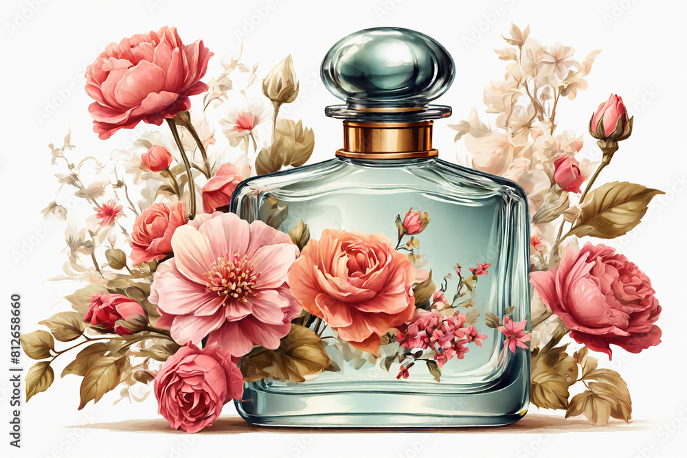 Perfume bottle with flowers on a white background. Vector illustration. Perfume bottle with flowers on a white background. Vector illustration.