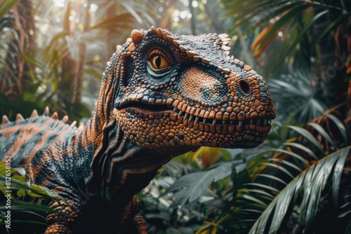 A hyper-realistic model of a Velociraptor with striking orange eyes set against a lush background of a dense  misty forest