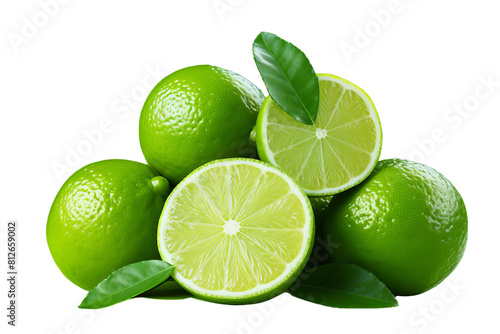 A bunch of green limes with one cut open. The limes are piled on top of each other