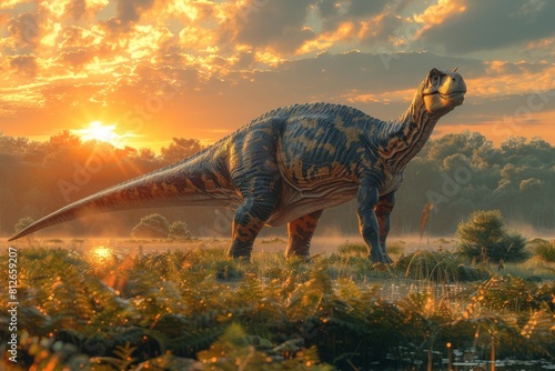A visually striking image showcasing a dinosaur in a vibrant, sunlit prehistoric environment with lush vegetation and atmospheric effects © Larisa AI