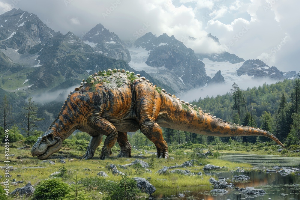 This detailed image portrays an Ankylosaurus roaming through a serene landscape with foggy mountains towering in the distance This detailed image portrays an Ankylosaurus roaming through a serene landscape with foggy mountains towering in the distance