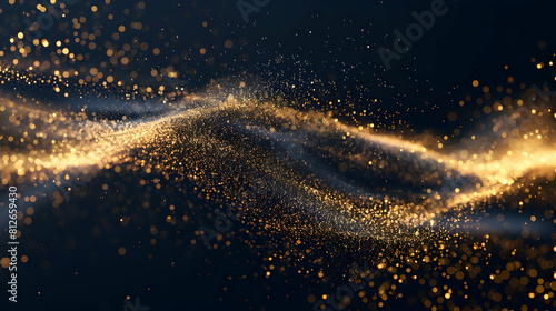 Splash of gold glitter powder on a dark background. a gold wave against a navy backdrop