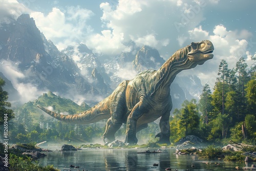 Illustration of a towering Brachiosaurus amidst a river and dense forest with striking sunlight filtering through