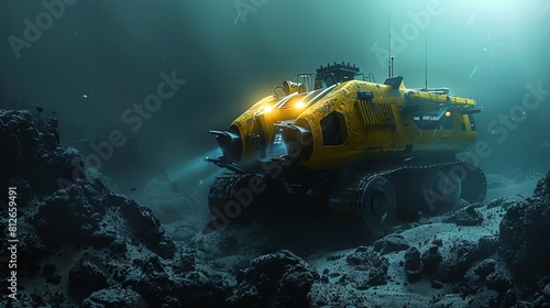 Conceptualize a deepsea exploration robot collecting samples and data from the ocean floor, controlled remotely from a ship