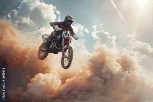 An action shot of a person on a dirt bike jumping in the air. Suitable for extreme sports or outdoor activity concepts