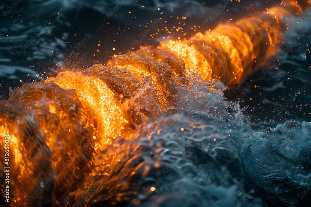 Naklejka premium Close-up of a rope ablaze with fiery sparks contrasting against the cool tones of tumultuous ocean waves