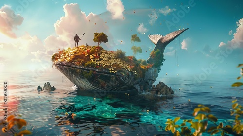 Treasure hunters discovering gold coins on a whaleshaped island in a side view, blending adventure with mystery  Treasure quest  Scifi tone  Vivid photo