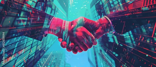 Virtual handshake happening through digital screens in a top view, representing a digital contract signing  Digital deal  advanced tone  Triadic Color Scheme photo