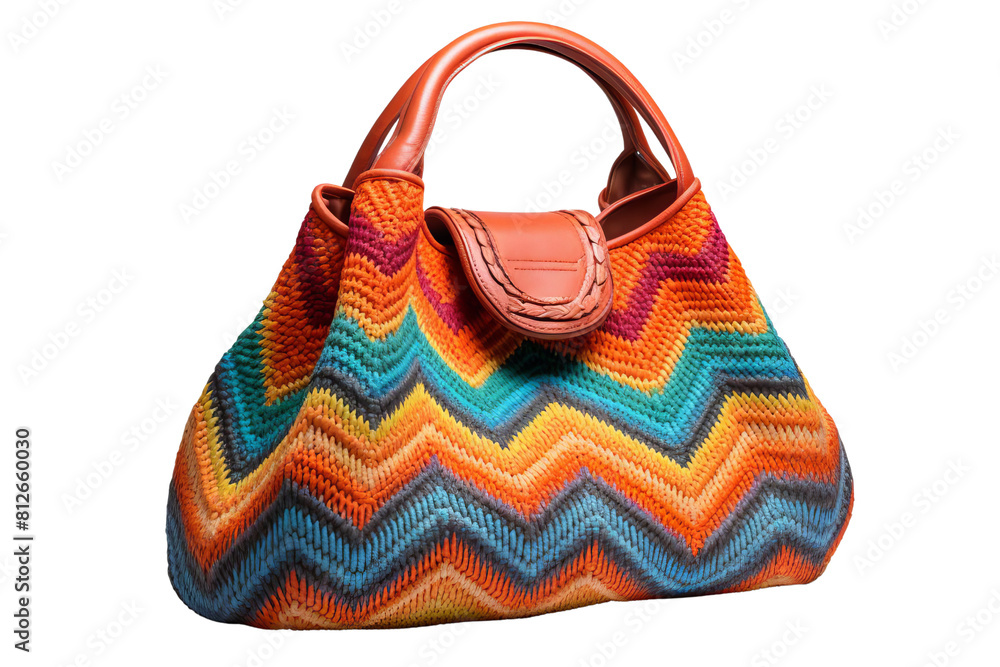 A colorful purse with a zigzag pattern. The purse is made of a variety of colors and has a brown handle A colorful purse with a zigzag pattern. The purse is made of a variety of colors and has a brown handle