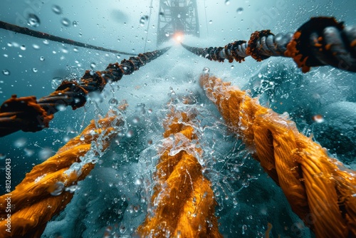 A powerful image of a ship's rope cutting through turquoise waters, showcasing the force and direction