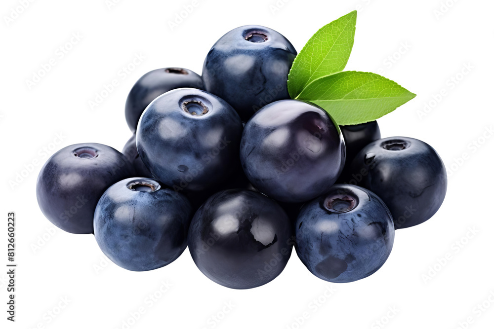 A bunch of blueberries with a leaf on top. The blueberries are small and round