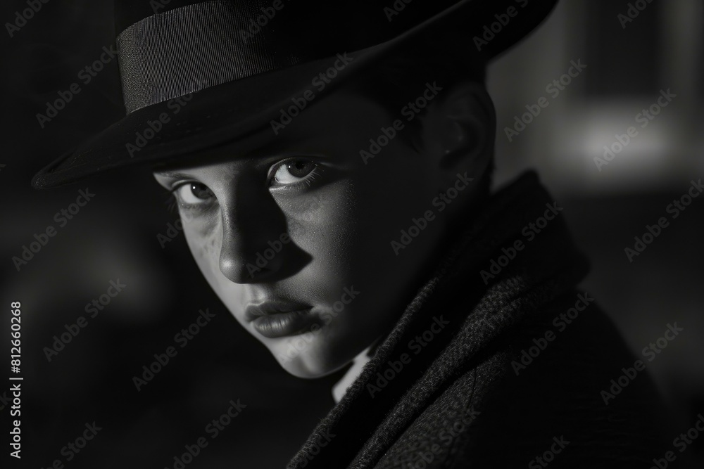 Black and white portrait of a young boy with an intense gaze, wearing a fedora hat Black and white portrait of a young boy with an intense gaze, wearing a fedora hat