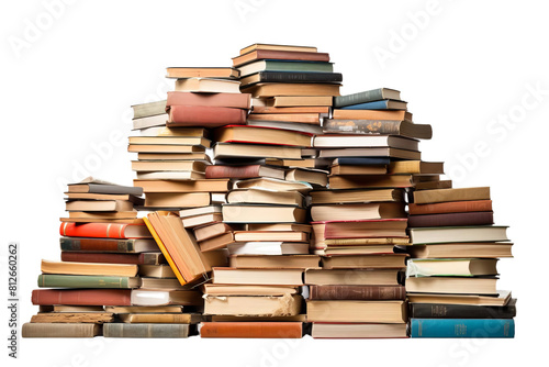A pile of books is stacked on top of each other. The books are of various sizes and colors  and they appear to be old and worn. The pile is so high that it almost reaches the ceiling