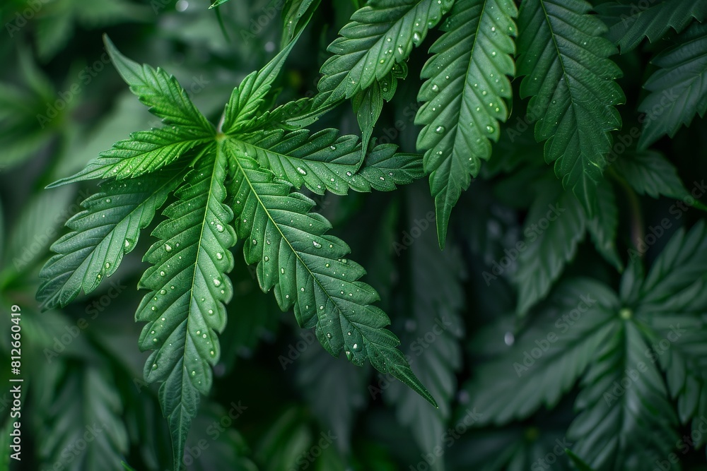 Close-up of cannabis plant leaves with visible water droplets, emphasizing the plant's natural texture and patterns Close-up of cannabis plant leaves with visible water droplets, emphasizing the plant's natural texture and patterns