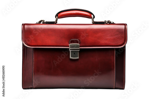 A brown leather briefcase with a silver clasp. The briefcase is large and has a red handle