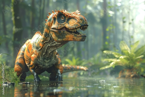 A highly detailed and realistic rendering of a dinosaur set in a lush prehistoric landscape