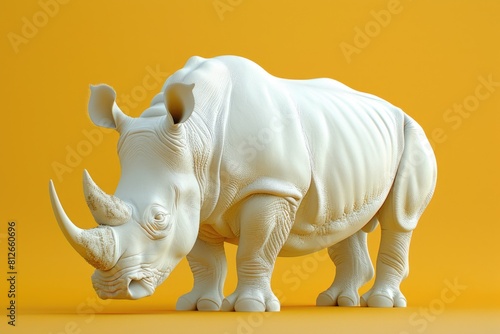 A close up of a rhino statue on a yellow background. Ideal for wildlife conservation themes