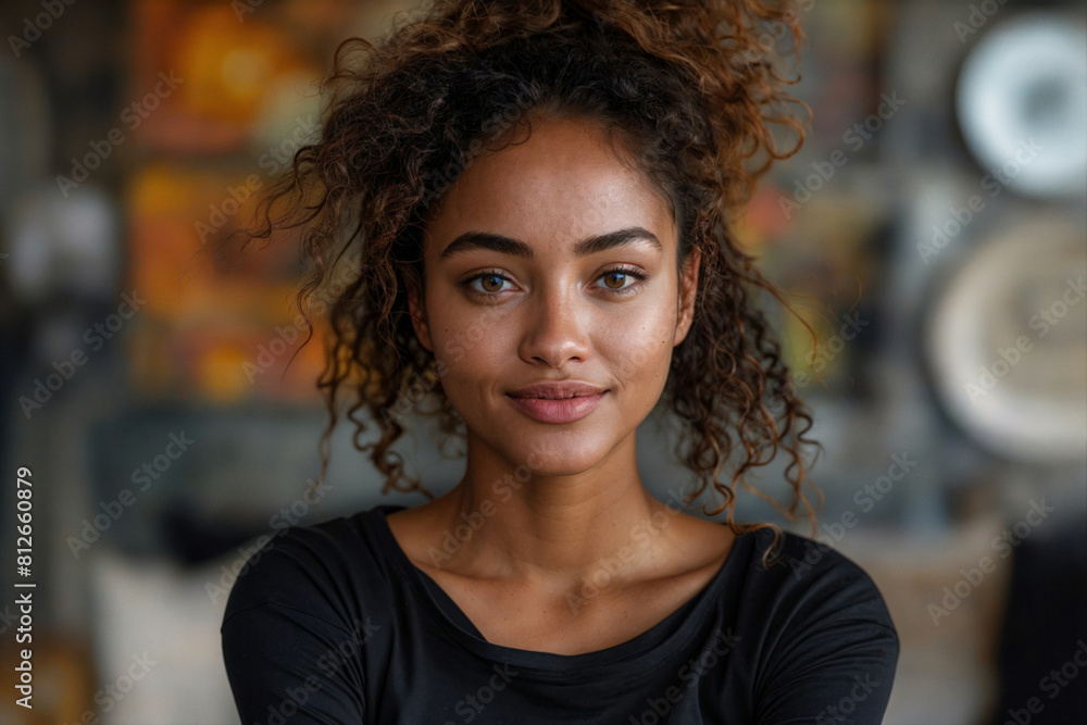Young woman with curly hair against a minimalist blurred background, wearing black t-shirt, for ads Young woman with curly hair against a minimalist blurred background, wearing black t-shirt, for ads