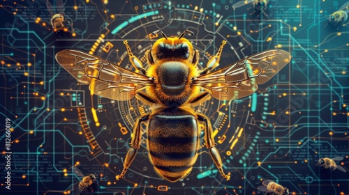 Internet of Things IoT network controlled by a queen bee in a digital hive interface in a front view