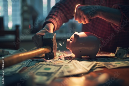 Man breaking piggy bank with hammer and holding dollar banknotes. photo