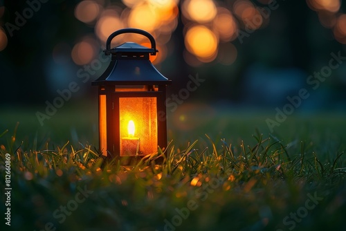 Tranquil image of a glowing lantern resting on the grass with a soft-focus backdrop of twilight bokeh © Larisa AI