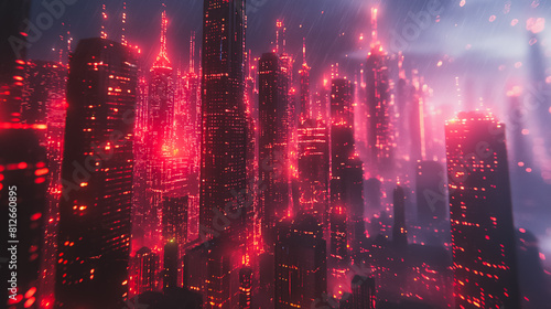 A cityscape with many buildings lit up in red. Scene is intense and dramatic