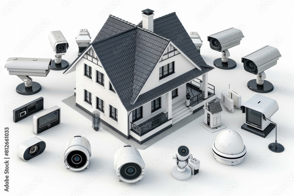 Naklejka premium Advanced security cameras provide futuristic building assistance through innovative, safe automation and networked alerts.