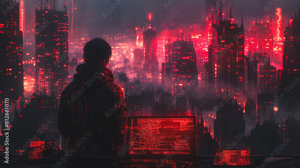 A man is looking at a computer screen with a red background. The city in the background is lit up with red lights, creating a mood of excitement and energy. The man is focused on the screen A man is looking at a computer screen with a red background. The city in the background is lit up with red lights, creating a mood of excitement and energy. The man is focused on the screen