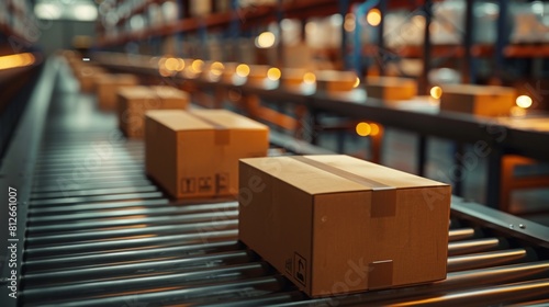 Cardboard boxes on a conveyor line in a huge warehouse. Shipping, delivery concept. photo