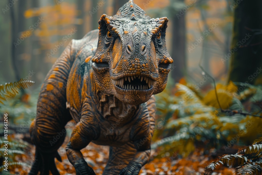 An intense close-up of a carnivorous dinosaur amidst a backdrop of autumnal foliage, evoking a tense encounter An intense close-up of a carnivorous dinosaur amidst a backdrop of autumnal foliage, evoking a tense encounter