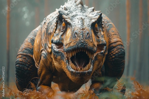 A highly detailed and aggressive dinosaur baring its teeth, set against a rainy prehistoric backdrop © Larisa AI