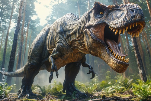 A realistic depiction of a roaring Tyrannosaurus rex set in a lush primeval forest with sunlight filtering through trees