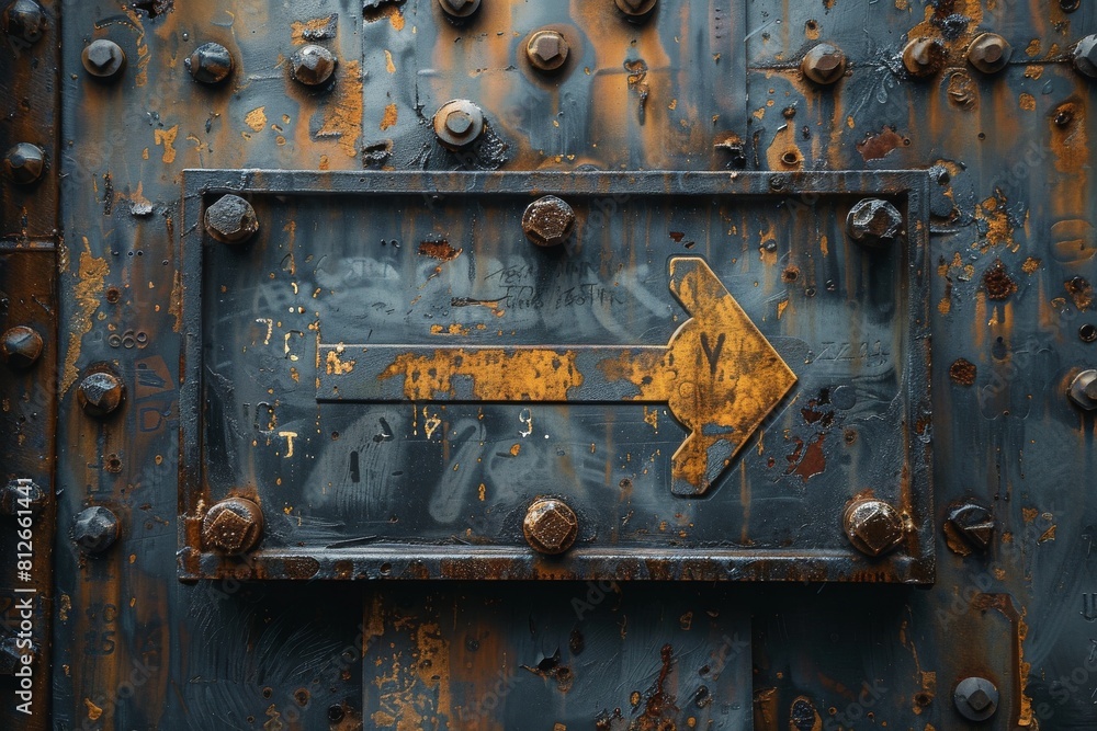 An aged, rusty yellow arrow on a textured blue metallic background, pointing right with a sense of decay and history An aged, rusty yellow arrow on a textured blue metallic background, pointing right with a sense of decay and history