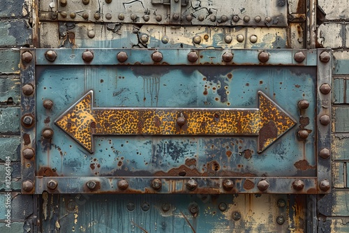 A double-headed blue rusted arrow sign on an aged, decaying textured metal background photo