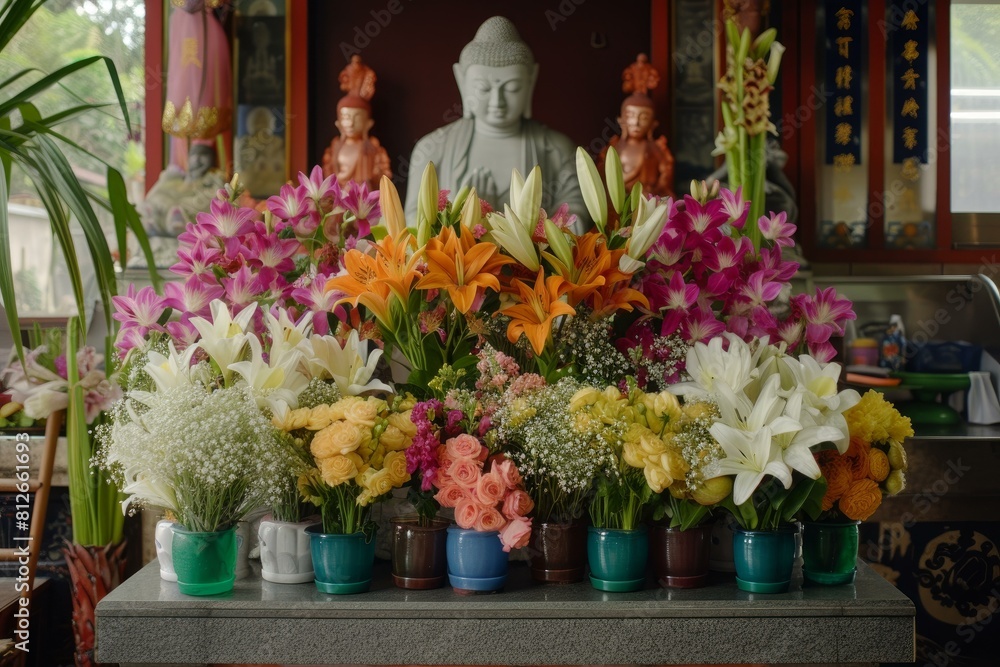 Array of vibrant flowers adorns a buddhist altar with a serene buddha statue in the background